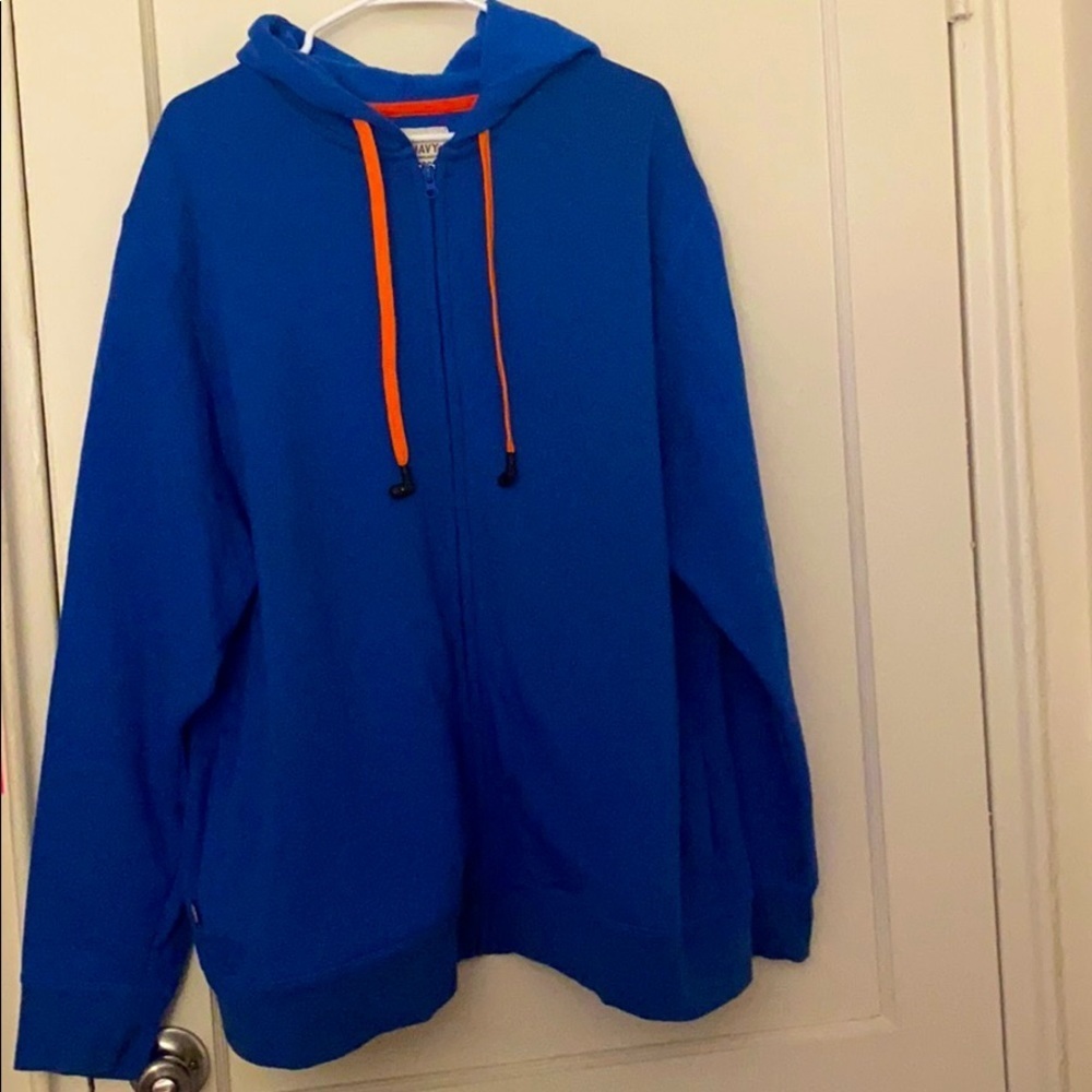 Old navy blue & orange zip up hoodie w/ earbuds